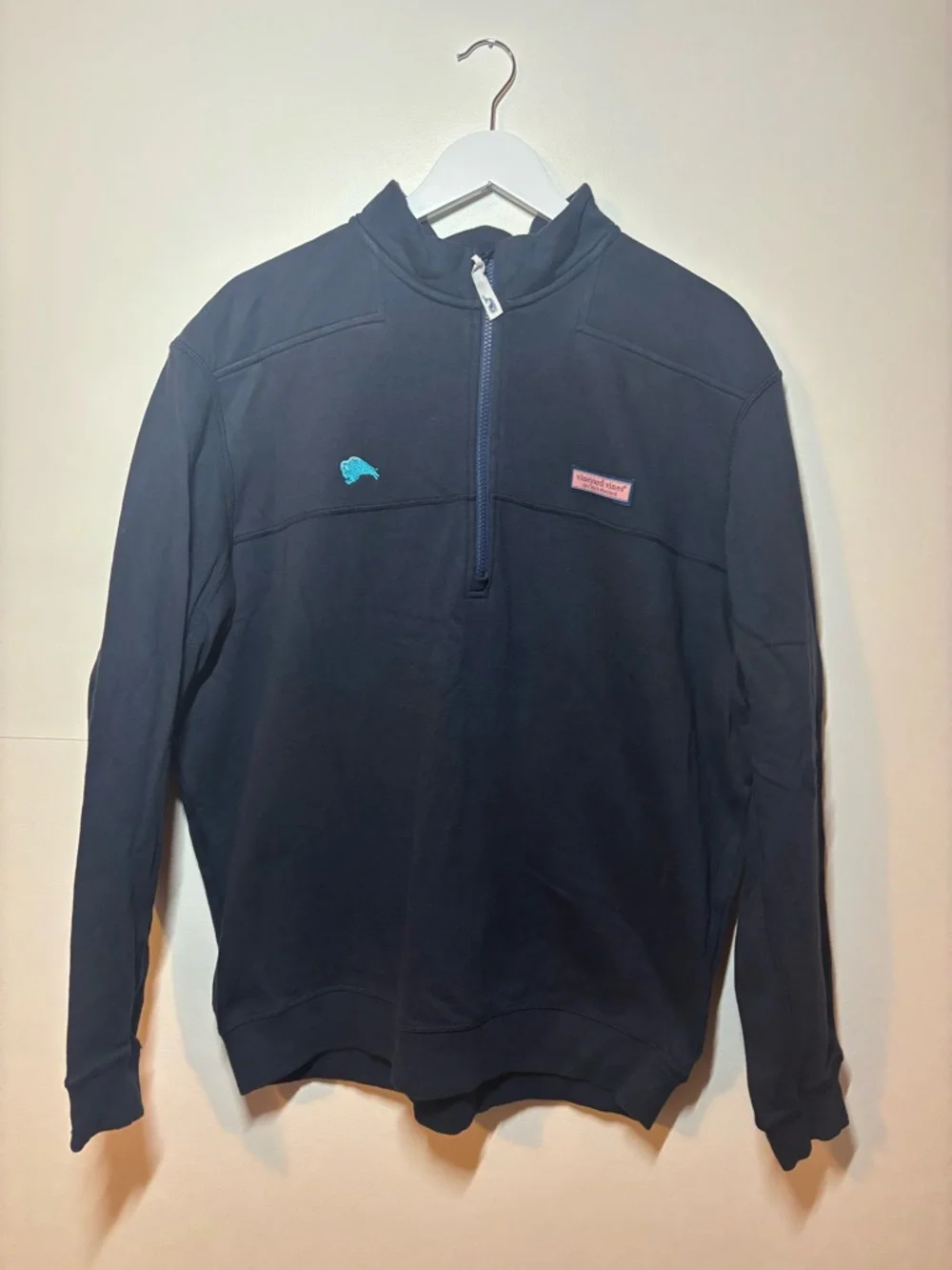 Vineyard Vines Collegiate Navy Quarter-Zip Sweatshirt with Teal Bison (NDSU) - Picture 1 of 5